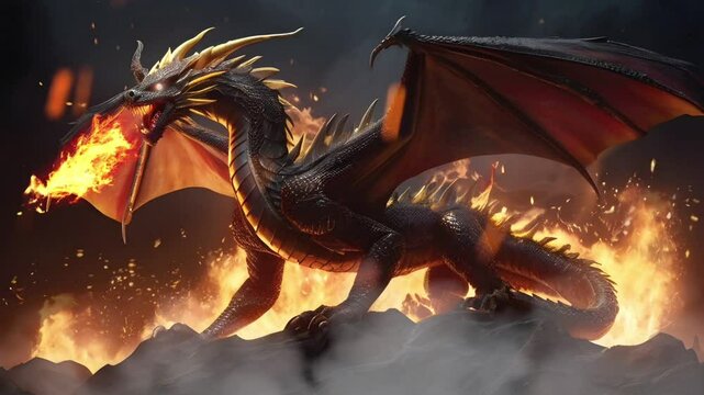 A fire dragon with flaming eyes. Seamless 4K looping timelapse video animation background