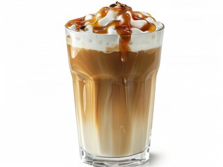 artfully crafted iced caramel macchiato with precise layers swirls of caramel drizzle velvety milk foam cap condensation beading on glass set against pure white background