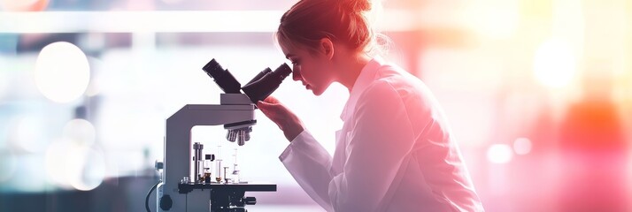 Obraz premium Female scientist using microscope in a laboratory setting during viral outbreak research. Represents scientific efforts to understand virus.