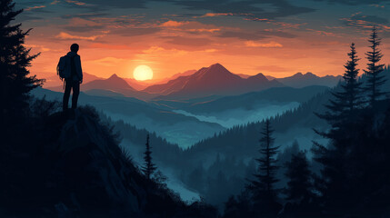 A man is standing on a mountain top, looking out at the sunset