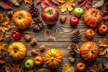 Halloween background with autumnal colors and illustrations of apples and acorns