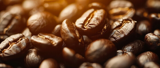 Close up of flying roasted coffee beans with golden shimmer, particles. Macro shot of coffee for advertising, cafe banner. Generative ai