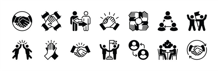 Obraz premium Cooperation flat icon vector set. Containing teamwork, team working together, agreement, handshake, collaboration, achievement, support, success business, share, deal, meeting, goal, partnership