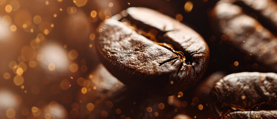 Close up of flying roasted coffee beans with golden shimmer, particles. Macro shot of coffee for advertising, cafe banner. Generative ai