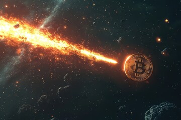 A coin with the letter B on it is flying through space, Bitcoin flying in space, with one of them being a Bitcoin