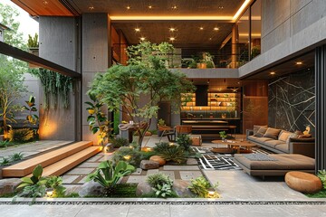 A large, modern home with a lush, green garden