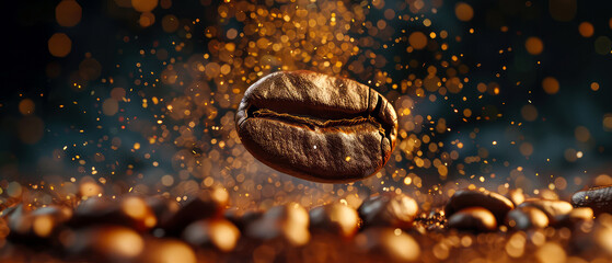Close up of flying roasted coffee beans with golden shimmer, particles. Macro shot of coffee for advertising, cafe banner. Generative ai