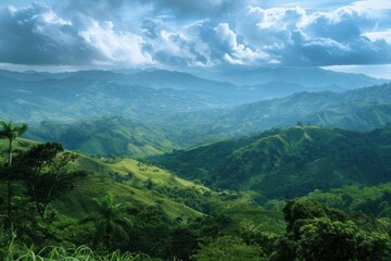 Fototapeta premium Breathtaking Mountain Landscape with Lush Green Hills Under a Dramatic Cloudy Sky