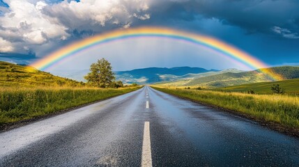 Landscape with country road and rainbow