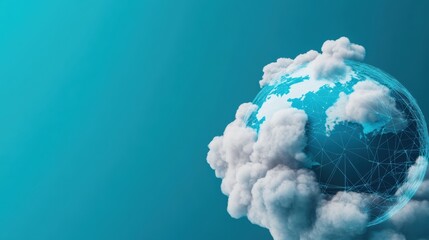 Conceptual globe with lines connecting through the clouds, symbolizing global expansion and network connectivity