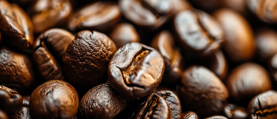 Close up of flying roasted coffee beans. Macro shot of coffee for advertising, cafe banner. Generative ai