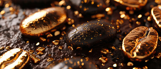 Close up of flying roasted golden coffee beans with golden shimmer, particles, bokeh. Macro shot of coffee for advertising, cafe banner. Generative ai	