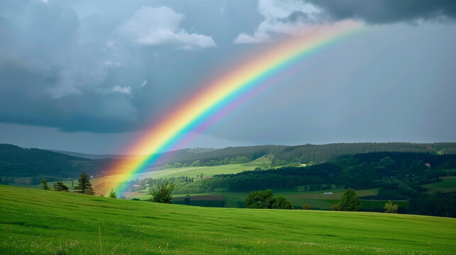 Vibrant rainbow over green fields and distant mountains