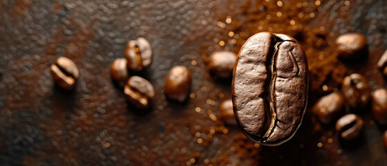 Close up of flying roasted golden coffee beans with golden shimmer, particles, bokeh. Macro shot of coffee for advertising, cafe banner. Generative ai	