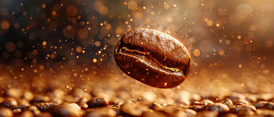 Close up of flying roasted coffee bean. Macro shot of coffee for advertising, cafe banner. Generative ai