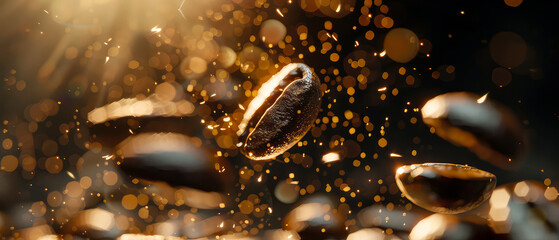 Close up of flying roasted coffee beans with golden shimmer, particles. Macro shot of coffee for advertising, cafe banner. Generative ai