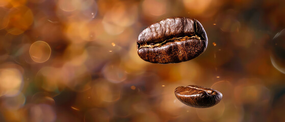 Close up of flying roasted golden coffee beans with golden shimmer, particles, bokeh. Macro shot of coffee for advertising, cafe banner. Generative ai	