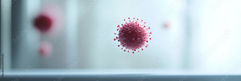 Poster Close-up of a virus cell in a scientific environment. Bright red viral particle floating against a blurry background, representing viral spread and infection.