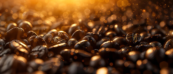 Close up of flying roasted coffee beans. Macro shot of coffee for advertising, cafe banner. Generative ai