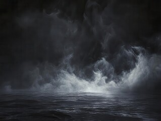 Obraz premium atmospheric dark storm scene swirling mist over reflective black surface dramatic lighting creating ominous mood perfect for product showcase or cinematic backdrop