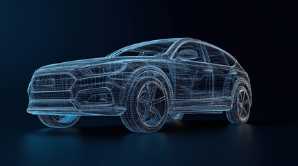 A digital wireframe rendering of a car model on a dark background. The representation shows intricate details of the vehicle's structure, including wheels, body, and internal components.