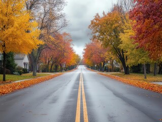 autumn cityscape with empty road lined by trees in vibrant fall colors moody overcast sky urban solitude