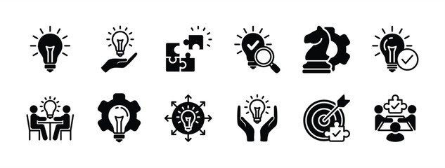 Solution flat icon vector set. Containing problem solving, light bulb, idea, strategy, creativity, innovation, meeting, teamwork, connecting, management, puzzle, creative, invention, jigsaw