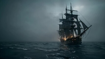 A Scary Flying Dutchman Ghost Ship Sailing in the Darkness and Huge Waves, AI Generated Videos