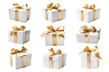 PNG white gift box golden ribbon element set, transparent background