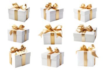 PNG white gift box golden ribbon element set, transparent background