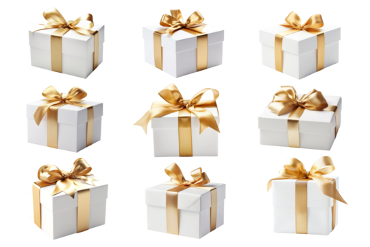 PNG white gift box golden ribbon element set, transparent background