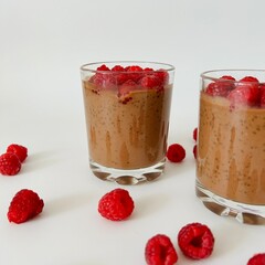 Chocolate Chia Pudding with Raspberries Served in Glass