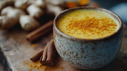 A close-up of a golden turmeric latte in a rustic ceramic cup, with a sprinkle of cinnamon on top and surrounded by raw ingredients