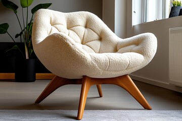 Retro chair with faux fur upholstery and angled wooden legs creating a cozy, boho vibe reminiscent of the late 1960s