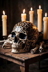 Leopard-patterned skull with candles and bones displayed on rustic wooden table in dimly lit room