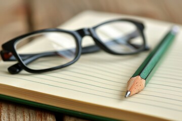 Fototapeta premium Classic Eyewear on Open Notebook with Pencil Concept of Reading, Writing, Studying, Education