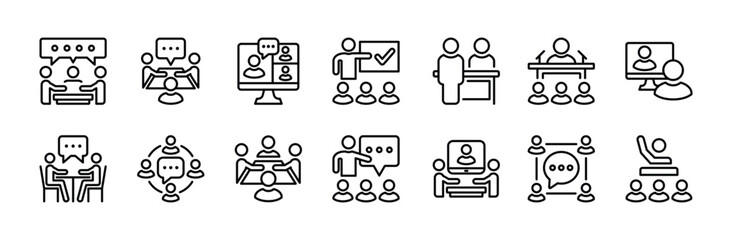 Business meeting thin line icon vector set. Containing teamwork, conference, workplace, seminar, teaching, classroom, interview, discussion, forum, presentation, online video, discourse, group talk