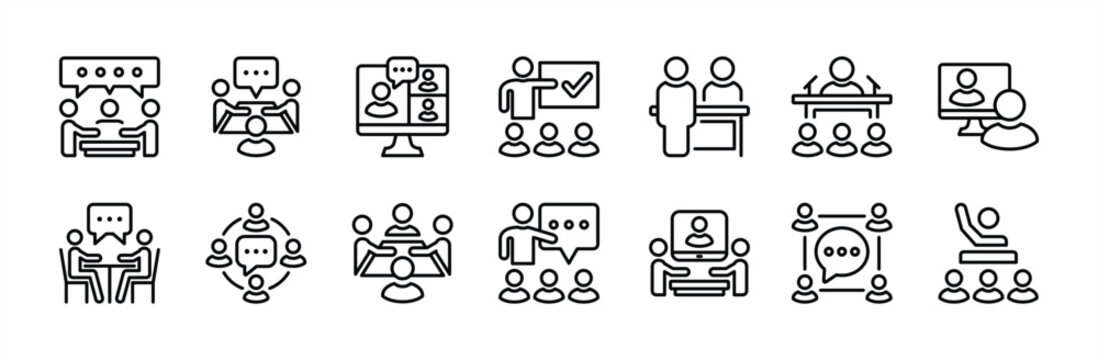 Business meeting thin line icon vector set. Containing teamwork, conference, workplace, seminar, teaching, classroom, interview, discussion, forum, presentation, online video, discourse, group talk