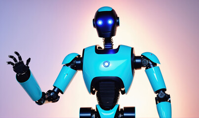 Fototapeta premium A blue humanoid robot stands in front of a light purple backdrop, looking directly at the camera with its blue glowing eyes