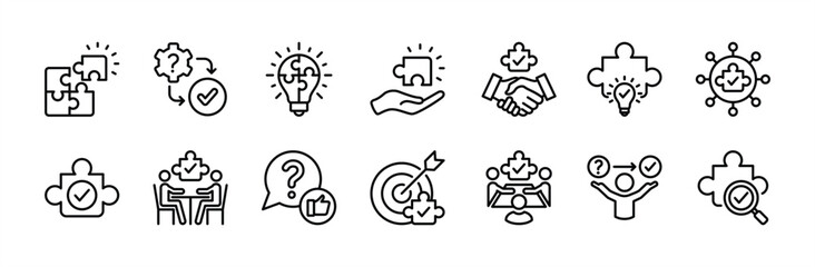 Business problem solving thin line icon vector. Solution, innovation, Inspiration, creative idea, creativity. Containing jigsaw puzzle pieces, support, help, question, teamwork, connection, meeting
