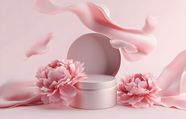 Obraz na płótnie Canvas 3D background display, open gift box. Cosmetic product presentation. Nature pastel peony flower. Pink cloth on wind. Present for woman. 3D render feminine mockup. Valentines day or birthday banner
