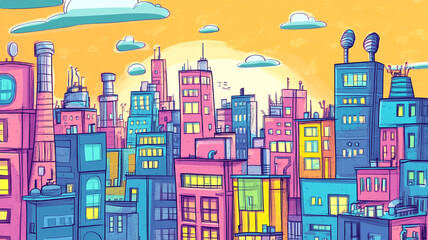 Obraz premium Vibrant city skyline at sunset with colorful buildings and playful clouds