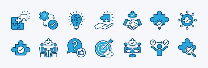 Set of business problem solving icon vector. Solution, innovation, Inspiration, creative idea, creativity. Containing jigsaw puzzle pieces, support, help, question, teamwork, connection, meeting