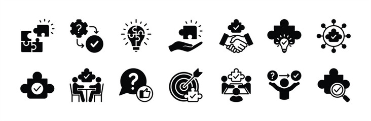 Business problem solving flat icon vector set. Solution, innovation, Inspiration, creative idea, creativity. Containing jigsaw puzzle pieces, support, help, question, teamwork, connection, meeting