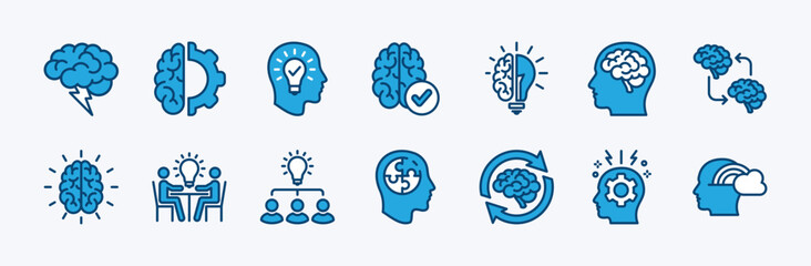 Set of business brainstorm icon. Containing light bulb, innovation, solution, Inspiration, creative idea, creativity, meeting, sharing, imagination, mind, thinking, cognition. Vector illustration