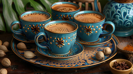 Fototapeta premium Hot coriander seed tea in three cups on the table