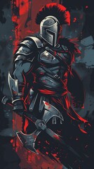 A powerful knight in armor stands ready for battle, surrounded by a dramatic red background, showcasing strength and courage.