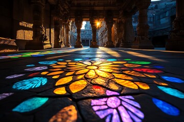 Obraz premium Spiritual energy emanating from an ancient temple as sunlight filters through stained glass, casting vibrant colors across the floor