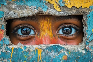 child peering through a crumbling concrete wall juxtaposed against a colorful mural of hope and renewal