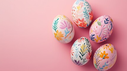 Colorful decorated Easter eggs on a soft pink background for festive spring celebrations